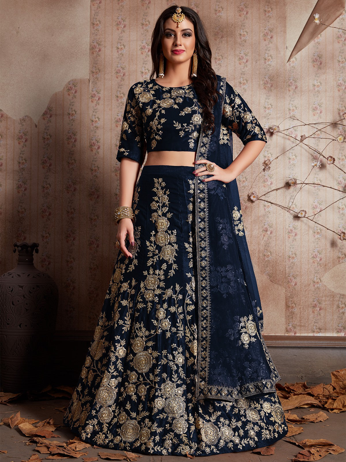 Dark Blue Embroidered Semi Stitched Lehenga With Unstitched Blouse Clothsvilla