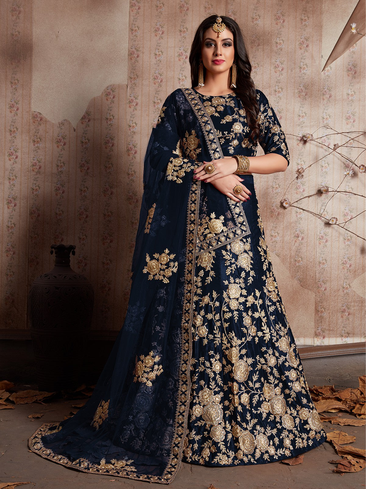 Dark Blue Embroidered Semi Stitched Lehenga With Unstitched Blouse Clothsvilla
