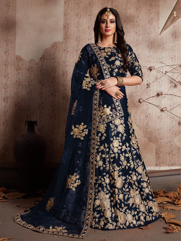 Dark Blue Embroidered Semi Stitched Lehenga With Unstitched Blouse Clothsvilla