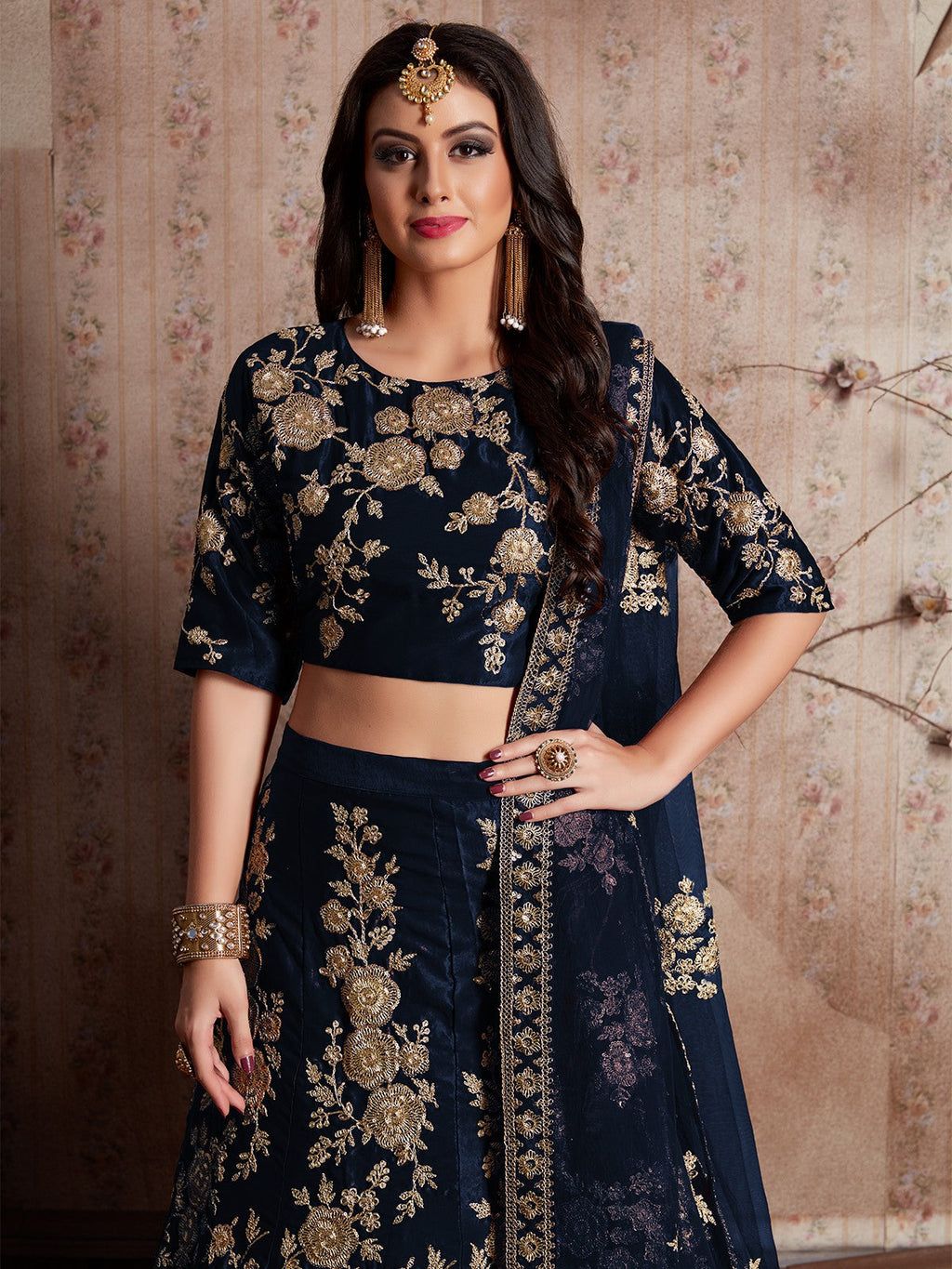 Dark Blue Embroidered Semi Stitched Lehenga With Unstitched Blouse Clothsvilla