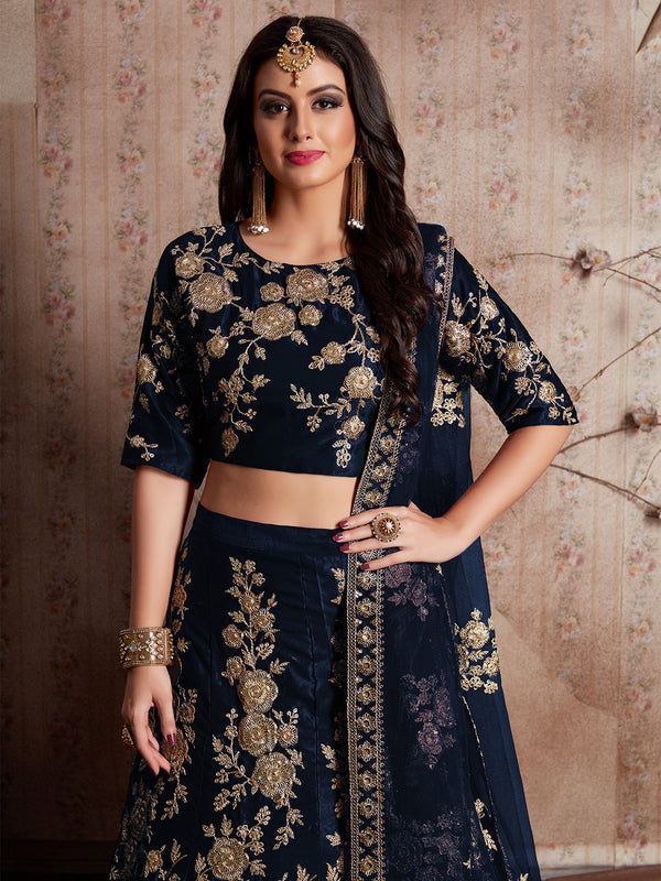 Dark Blue Embroidered Semi Stitched Lehenga With Unstitched Blouse Clothsvilla