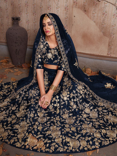 Dark Blue Embroidered Semi Stitched Lehenga With Unstitched Blouse Clothsvilla