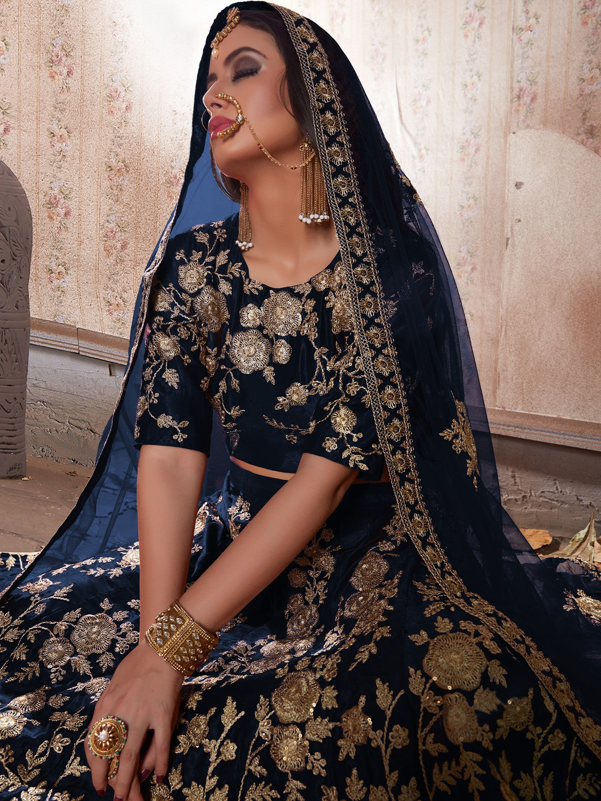 Dark Blue Embroidered Semi Stitched Lehenga With Unstitched Blouse Clothsvilla