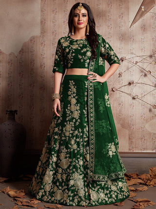 Dark Green Embroidered Semi Stitched Lehenga With Unstitched Blouse Clothsvilla