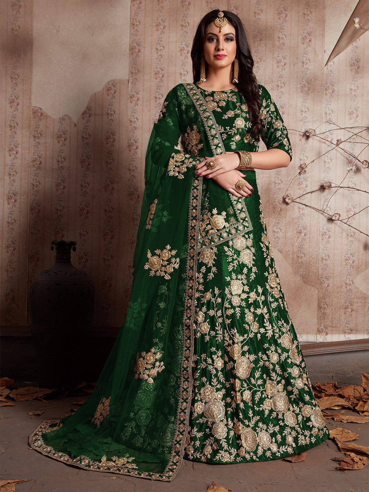 Dark Green Embroidered Semi Stitched Lehenga With Unstitched Blouse Clothsvilla