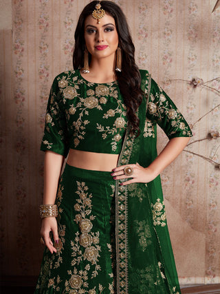 Dark Green Embroidered Semi Stitched Lehenga With Unstitched Blouse Clothsvilla