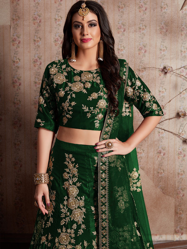 Dark Green Embroidered Semi Stitched Lehenga With Unstitched Blouse Clothsvilla