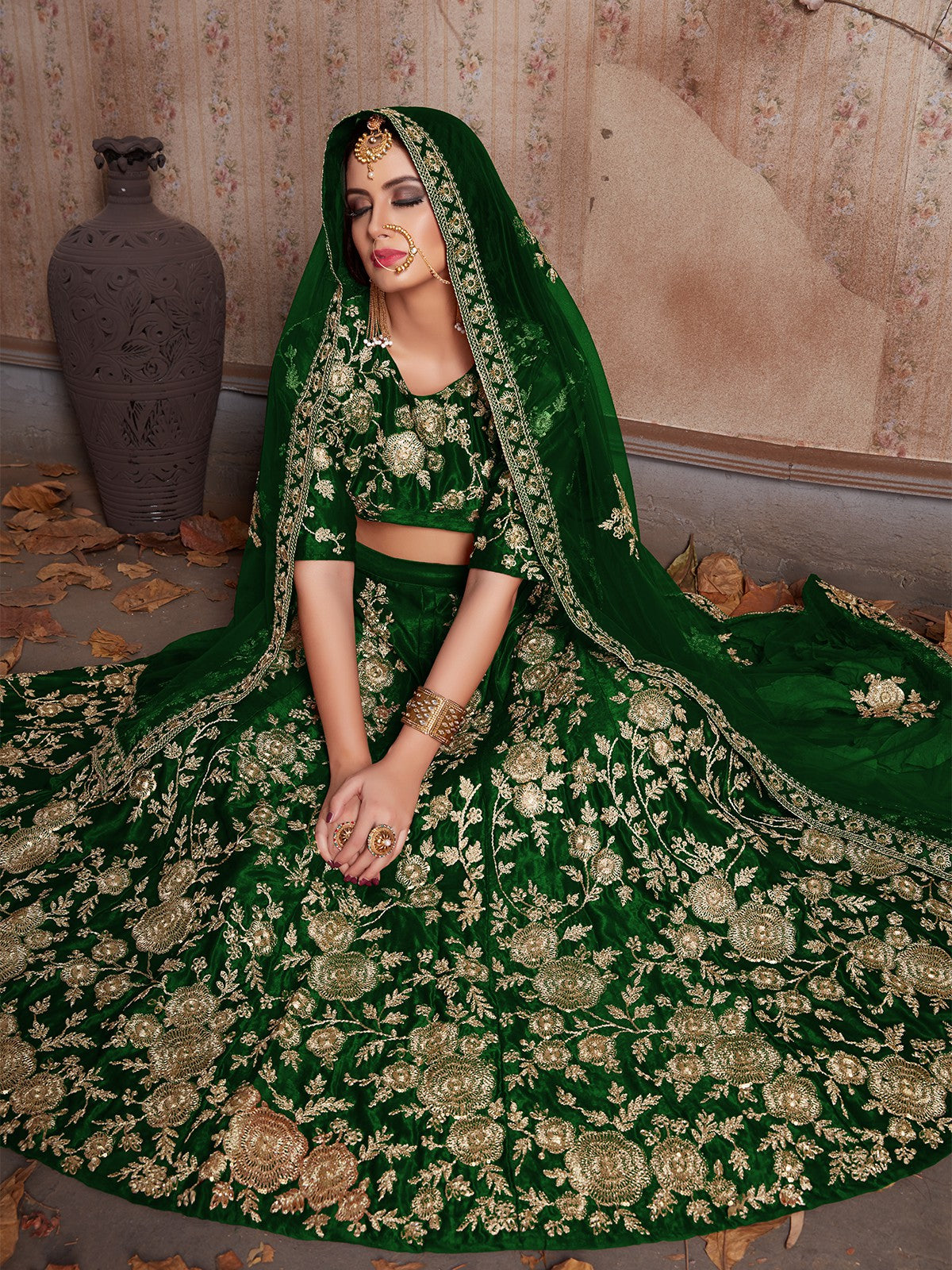 Dark Green Embroidered Semi Stitched Lehenga With Unstitched Blouse Clothsvilla