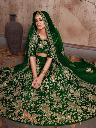 Dark Green Embroidered Semi Stitched Lehenga With Unstitched Blouse Clothsvilla