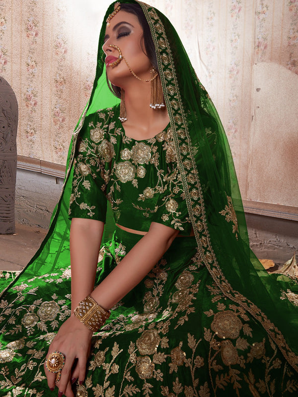 Dark Green Embroidered Semi Stitched Lehenga With Unstitched Blouse Clothsvilla