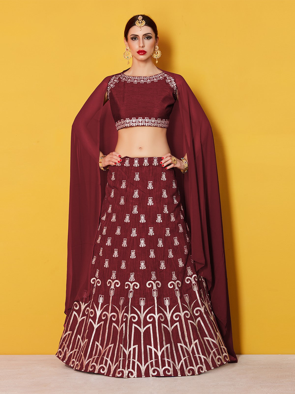 Maroon Embroidered Semi Stitched Lehenga With Unstitched Blouse Clothsvilla Main image