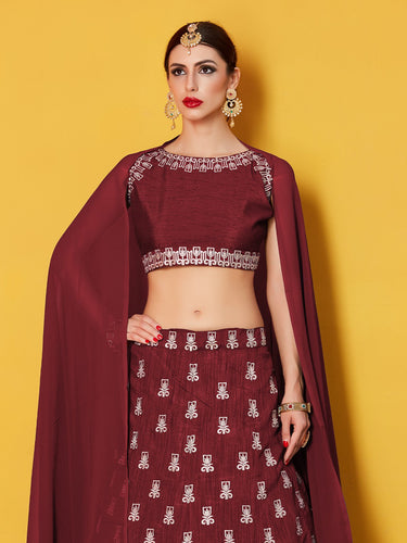 Maroon Embroidered Semi Stitched Lehenga With Unstitched Blouse Clothsvilla
