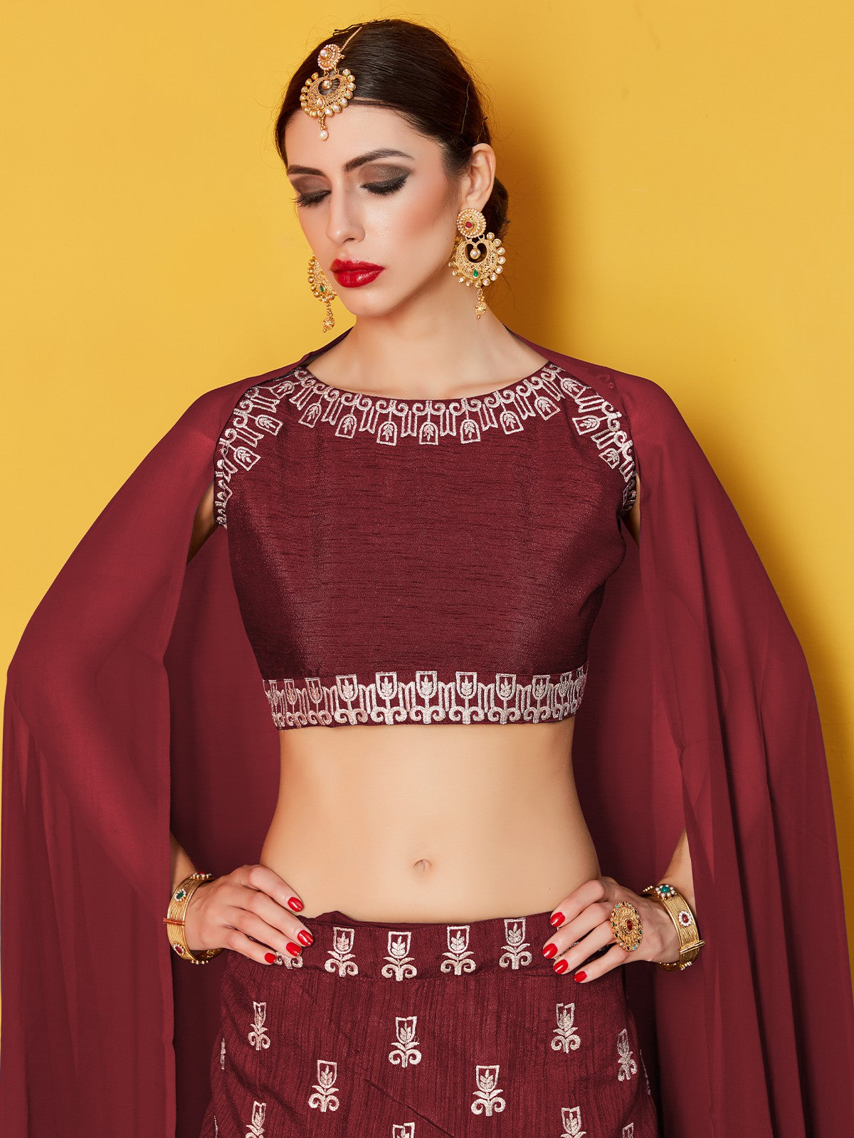Maroon Embroidered Semi Stitched Lehenga With Unstitched Blouse Clothsvilla