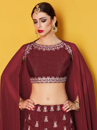 Maroon Embroidered Semi Stitched Lehenga With Unstitched Blouse Clothsvilla
