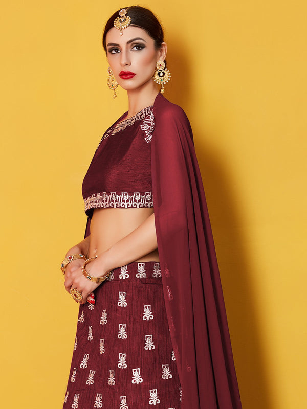 Maroon Embroidered Semi Stitched Lehenga With Unstitched Blouse Clothsvilla