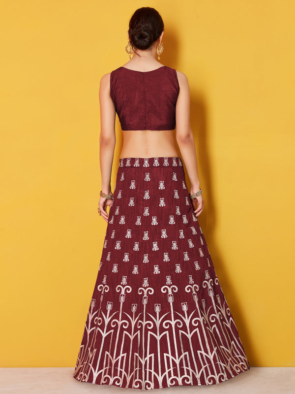 Maroon Embroidered Semi Stitched Lehenga With Unstitched Blouse Clothsvilla