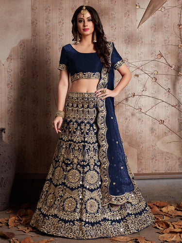Dark Blue Embroidered Semi Stitched Lehenga With Unstitched Blouse Clothsvilla