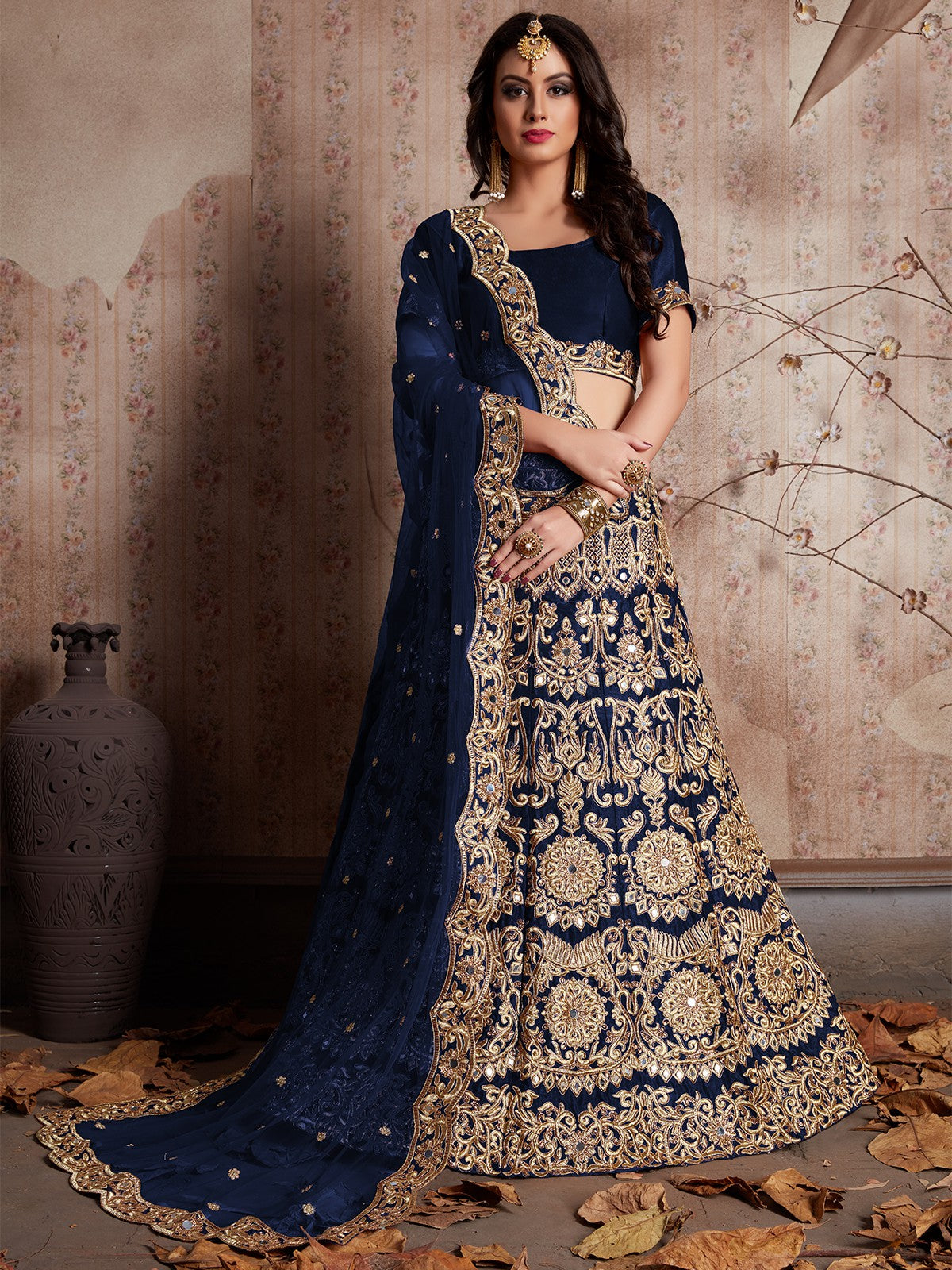 Dark Blue Embroidered Semi Stitched Lehenga With Unstitched Blouse Clothsvilla