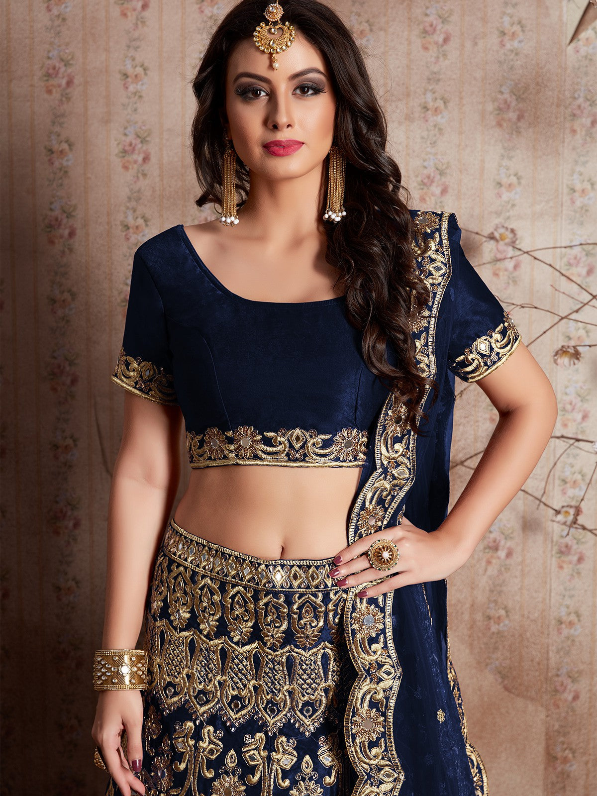 Dark Blue Embroidered Semi Stitched Lehenga With Unstitched Blouse Clothsvilla