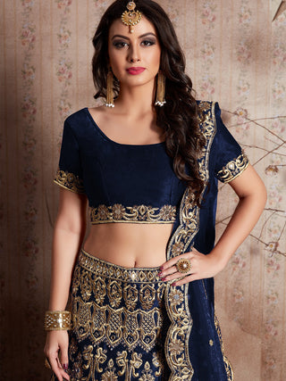 Dark Blue Embroidered Semi Stitched Lehenga With Unstitched Blouse Clothsvilla