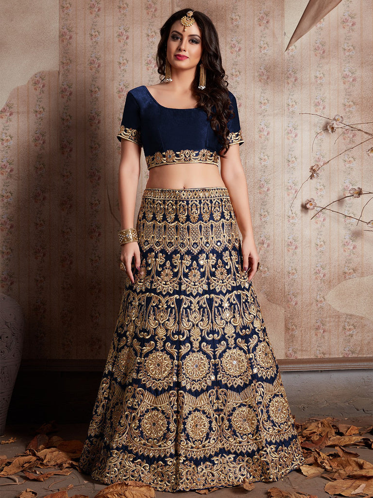 Dark Blue Embroidered Semi Stitched Lehenga With Unstitched Blouse Clothsvilla