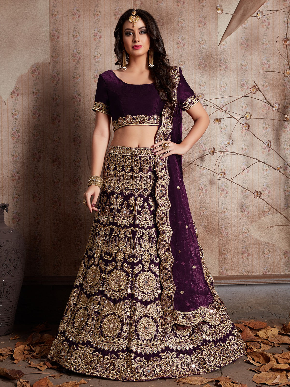 Voilet Embroidered Semi Stitched Lehenga With Unstitched Blouse Clothsvilla Main image