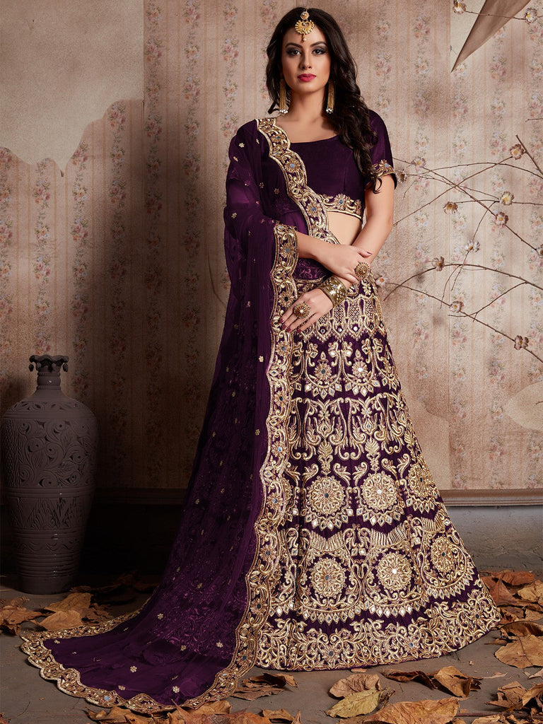 Voilet Embroidered Semi Stitched Lehenga With Unstitched Blouse Clothsvilla