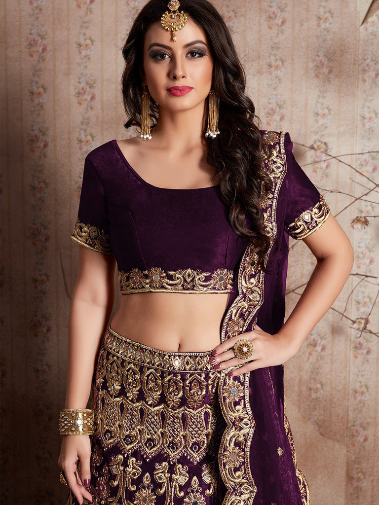 Voilet Embroidered Semi Stitched Lehenga With Unstitched Blouse Clothsvilla