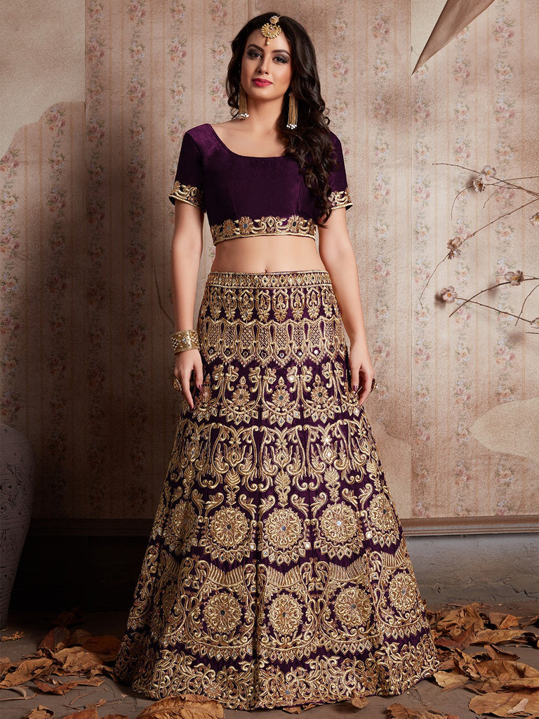 Voilet Embroidered Semi Stitched Lehenga With Unstitched Blouse Clothsvilla