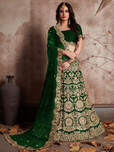 Load image into Gallery viewer, Dark Green Embroidered Semi Stitched Lehenga With Unstitched Blouse Clothsvilla