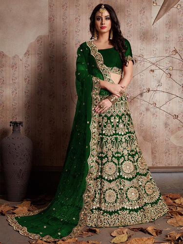 Dark Green Embroidered Semi Stitched Lehenga With Unstitched Blouse Clothsvilla