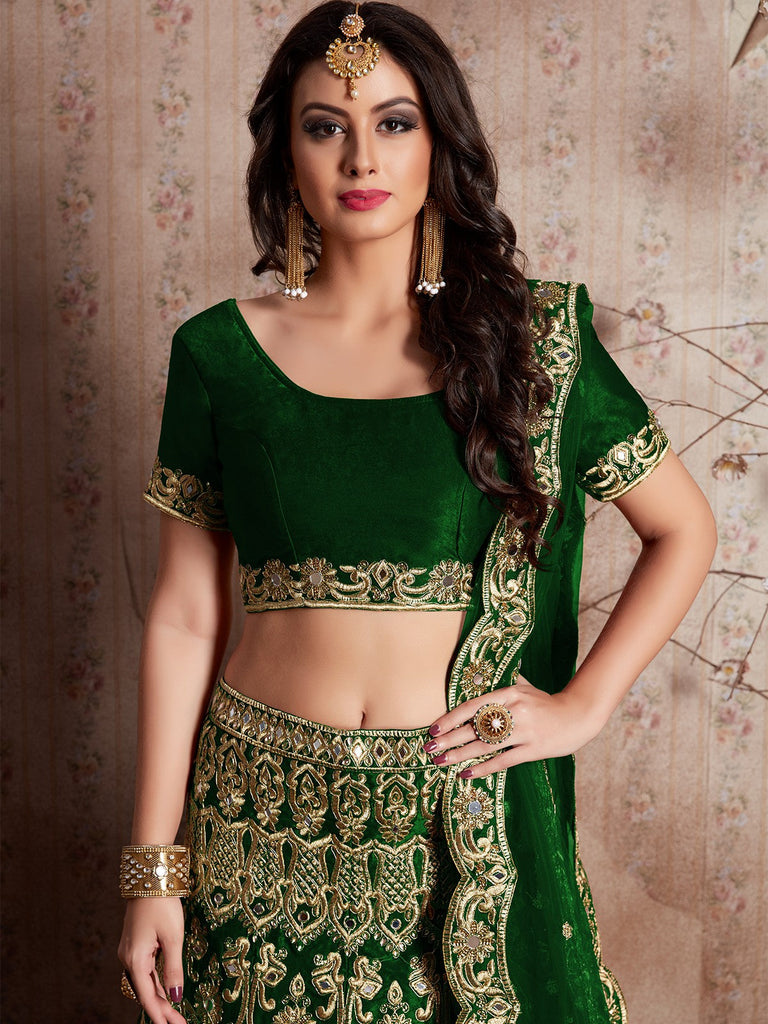 Dark Green Embroidered Semi Stitched Lehenga With Unstitched Blouse Clothsvilla