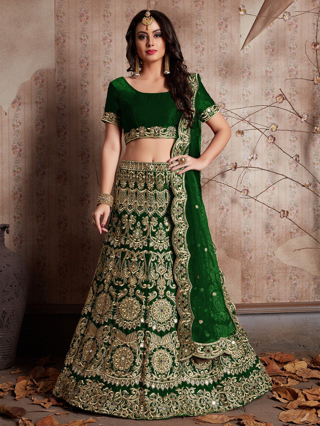 Dark Green Embroidered Semi Stitched Lehenga With Unstitched Blouse Clothsvilla