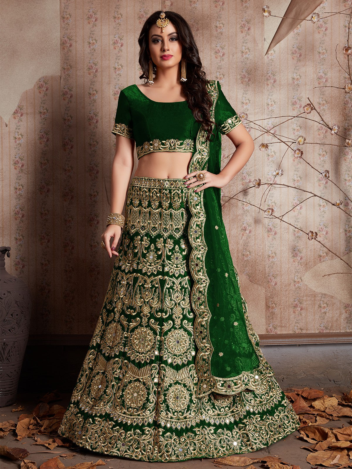 Dark Green Embroidered Semi Stitched Lehenga With Unstitched Blouse Clothsvilla