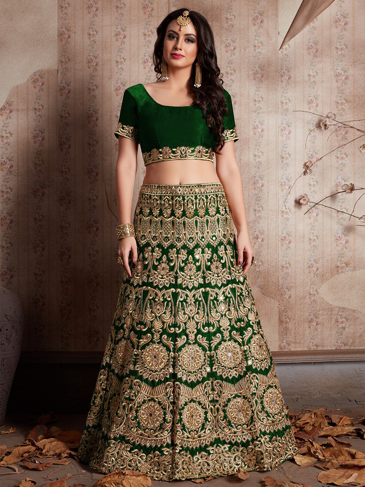Dark Green Embroidered Semi Stitched Lehenga With Unstitched Blouse Clothsvilla
