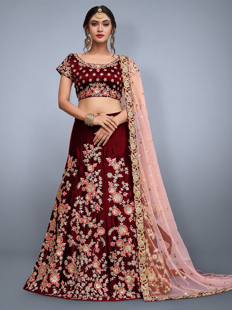 Maroon Embroidered Semi Stitched Lehenga With Unstitched Blouse Clothsvilla