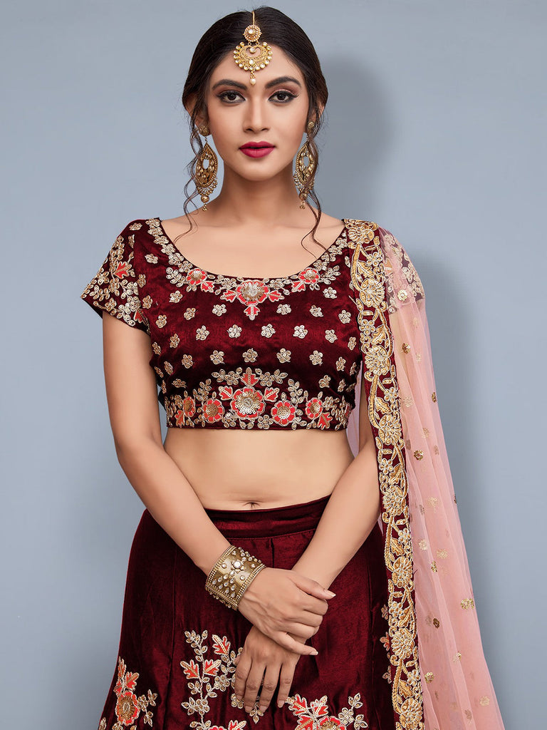 Maroon Embroidered Semi Stitched Lehenga With Unstitched Blouse Clothsvilla