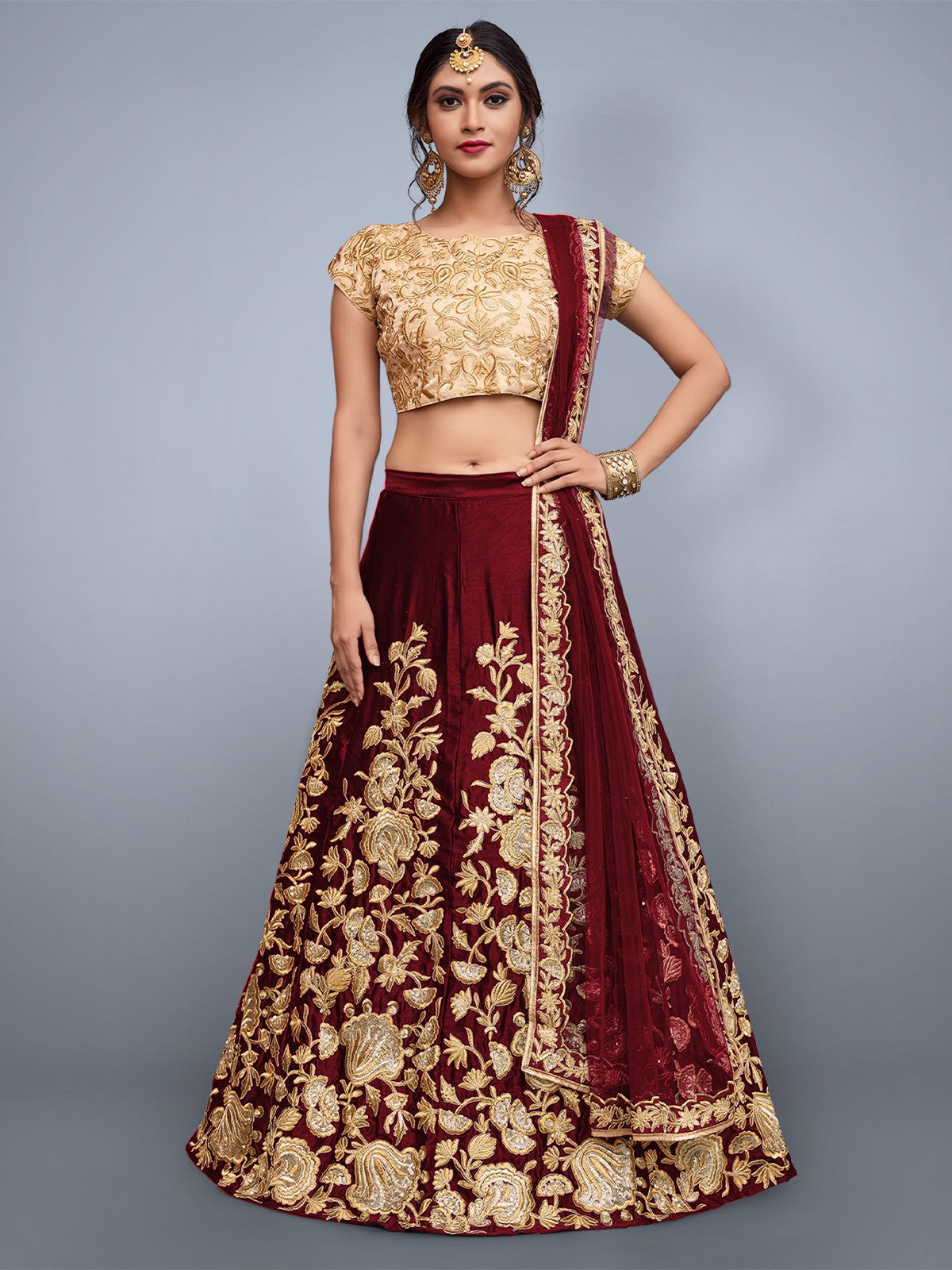 Maroon Embroidered Semi Stitched Lehenga With Unstitched Blouse Clothsvilla Main image
