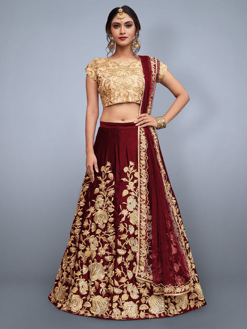 Maroon Embroidered Semi Stitched Lehenga With Unstitched Blouse Clothsvilla Main image
