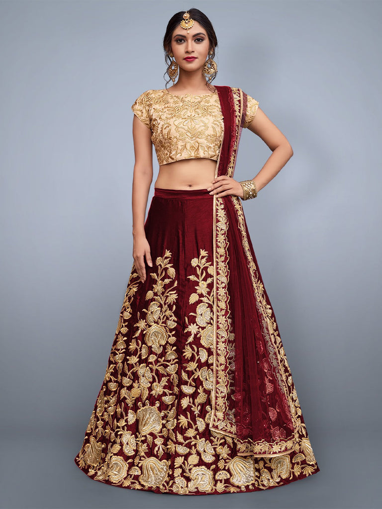 Maroon Embroidered Semi Stitched Lehenga With Unstitched Blouse Clothsvilla