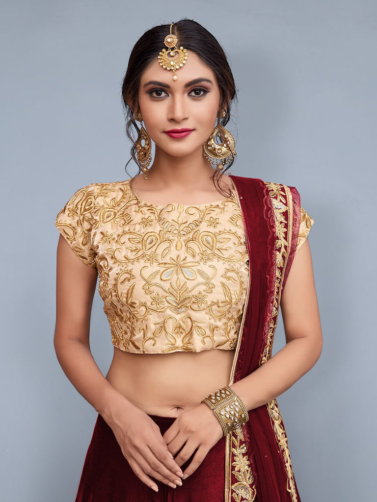 Maroon Embroidered Semi Stitched Lehenga With Unstitched Blouse Clothsvilla