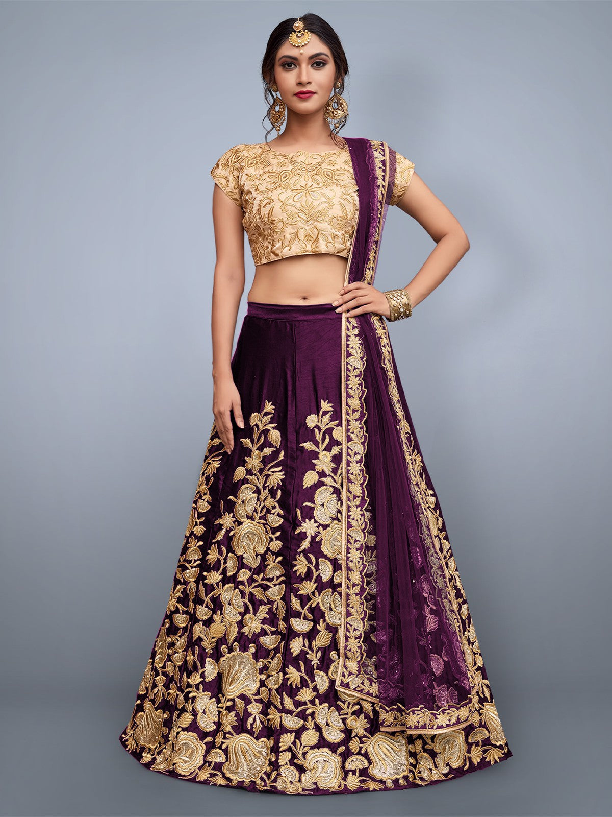 Voilet Embroidered Semi Stitched Lehenga With Unstitched Blouse Clothsvilla Main image