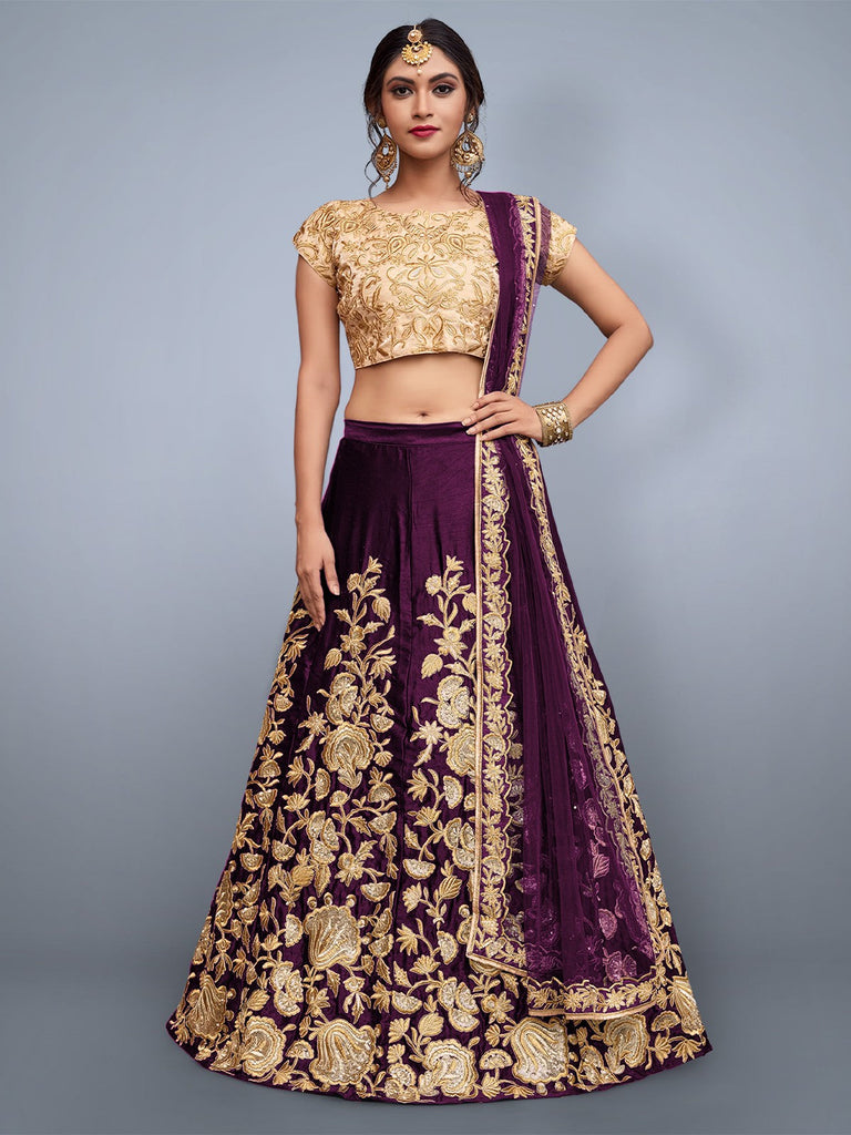 Voilet Embroidered Semi Stitched Lehenga With Unstitched Blouse Clothsvilla