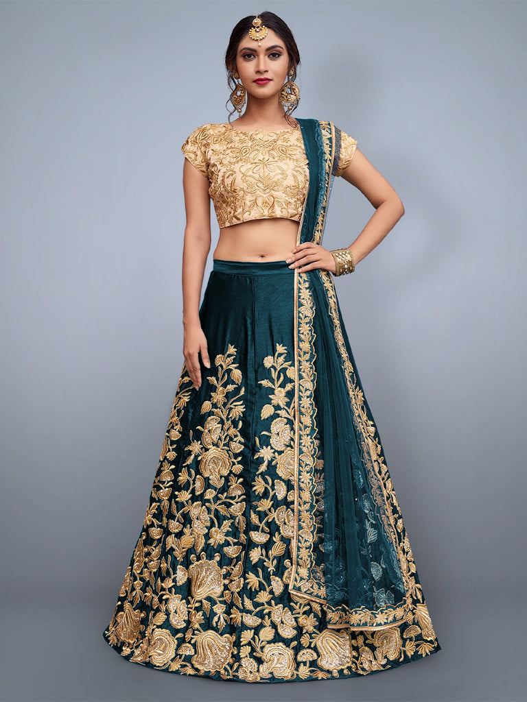 Teal Embroidered Semi Stitched Lehenga With Unstitched Blouse Clothsvilla