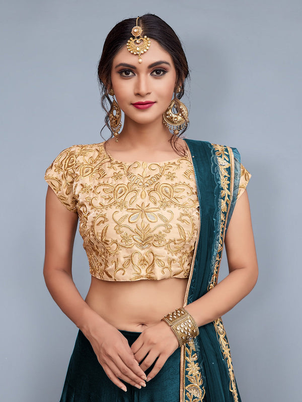 Teal Embroidered Semi Stitched Lehenga With Unstitched Blouse Clothsvilla