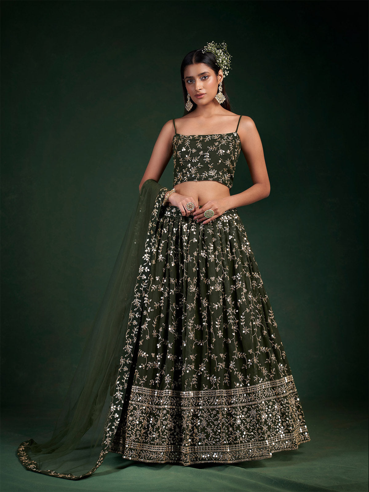 Dark Green Embroidered Bridal Semi Stitched Lehenga With  Unstitched Blouse Secondary image
