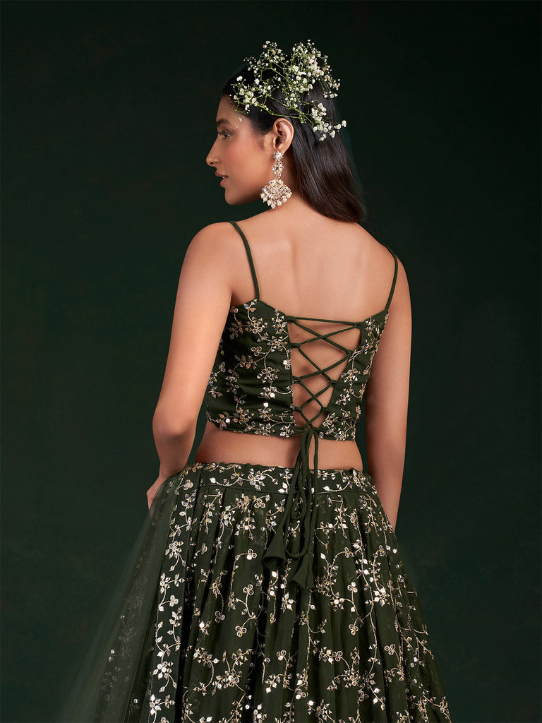 Dark Green Embroidered Bridal Semi Stitched Lehenga With  Unstitched Blouse Clothsvilla