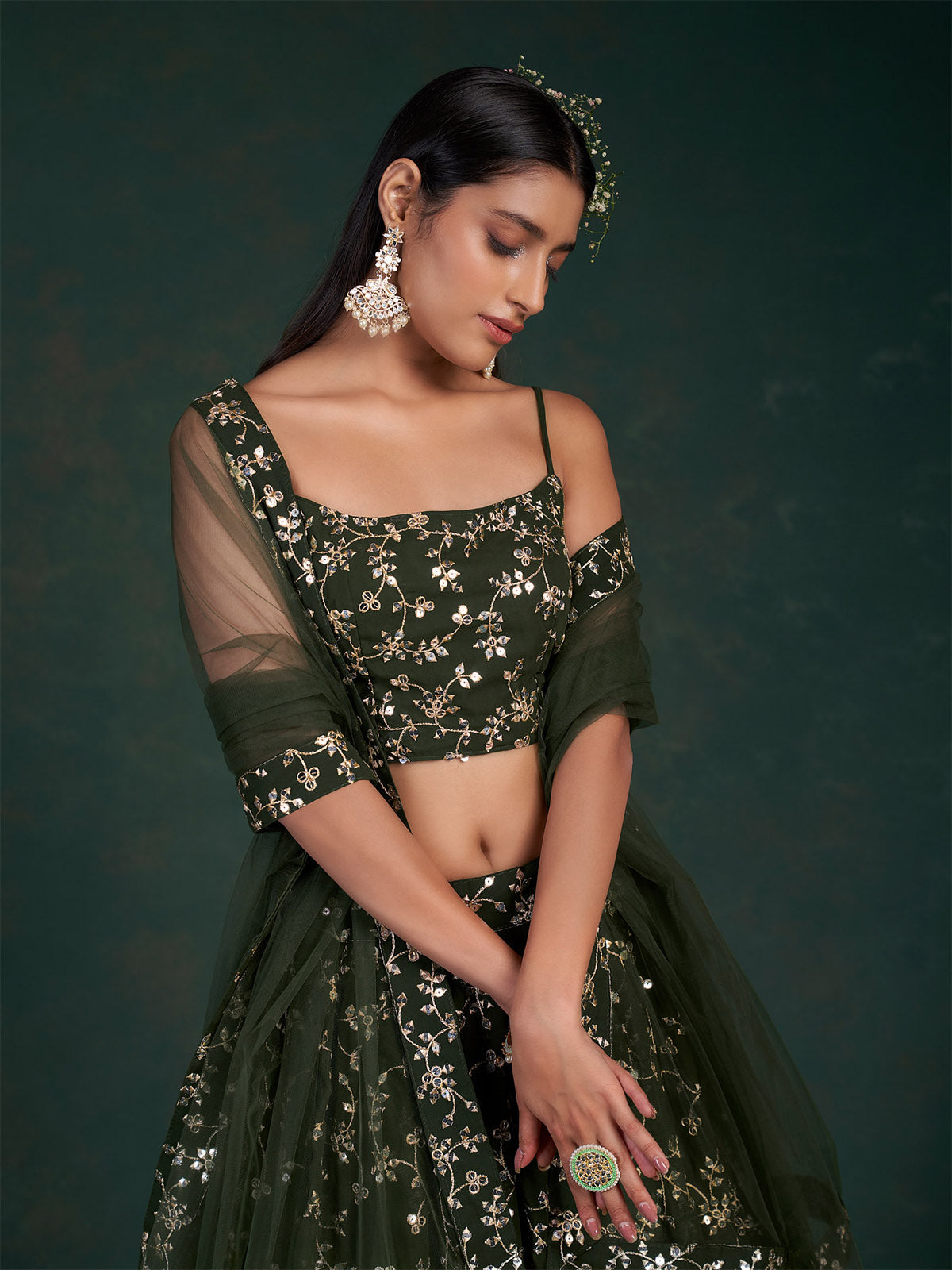 Dark Green Embroidered Bridal Semi Stitched Lehenga With  Unstitched Blouse Clothsvilla