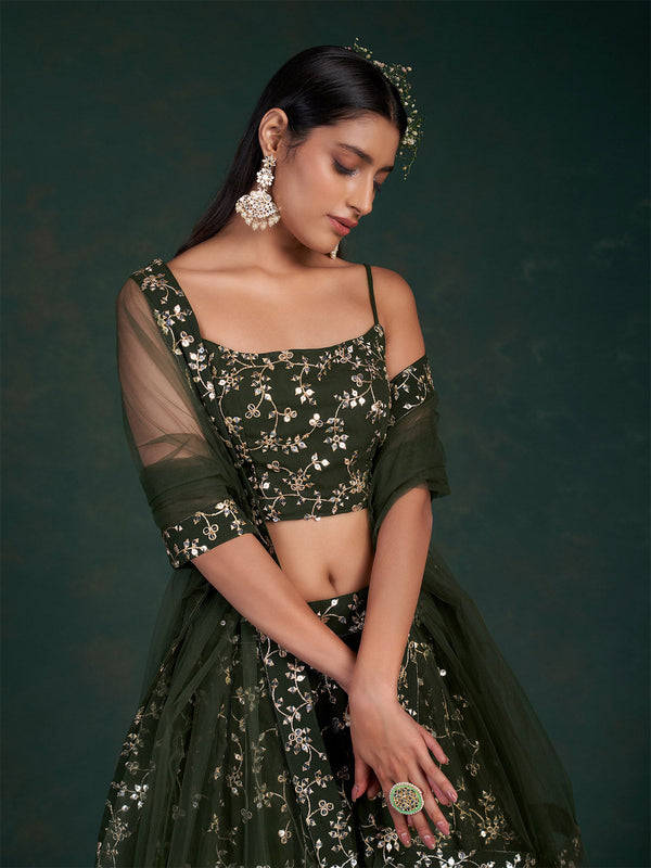 Dark Green Embroidered Bridal Semi Stitched Lehenga With  Unstitched Blouse Clothsvilla