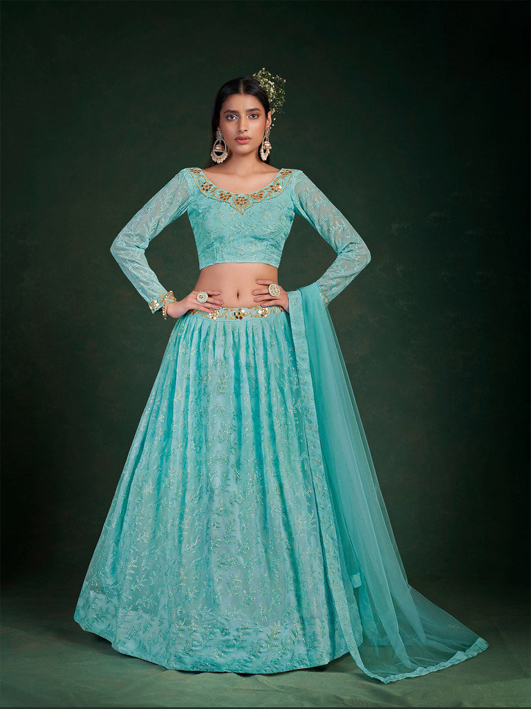 Blue Embroidered Festive Semi Stitched Lehenga With  Unstitched Blouse Clothsvilla